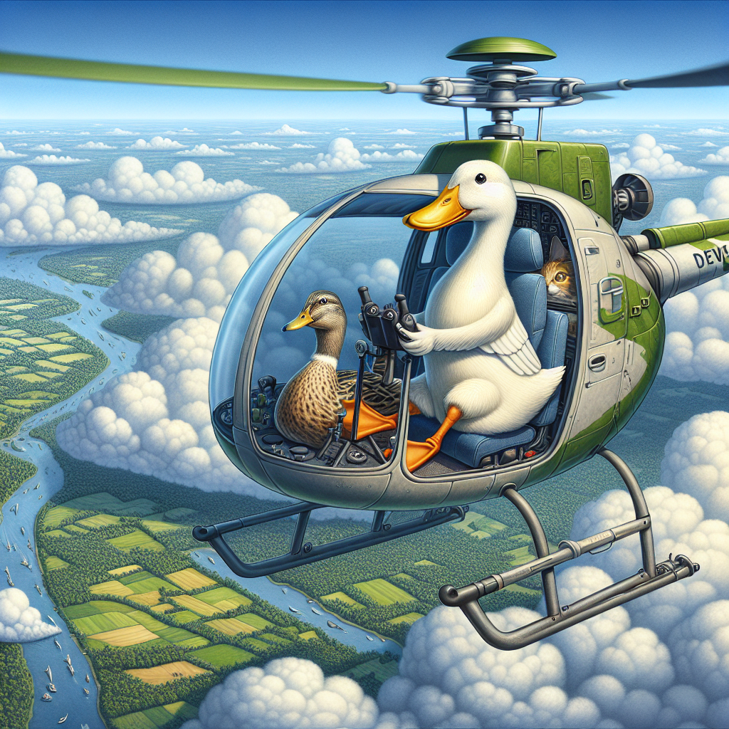 A duck flying a helicopter